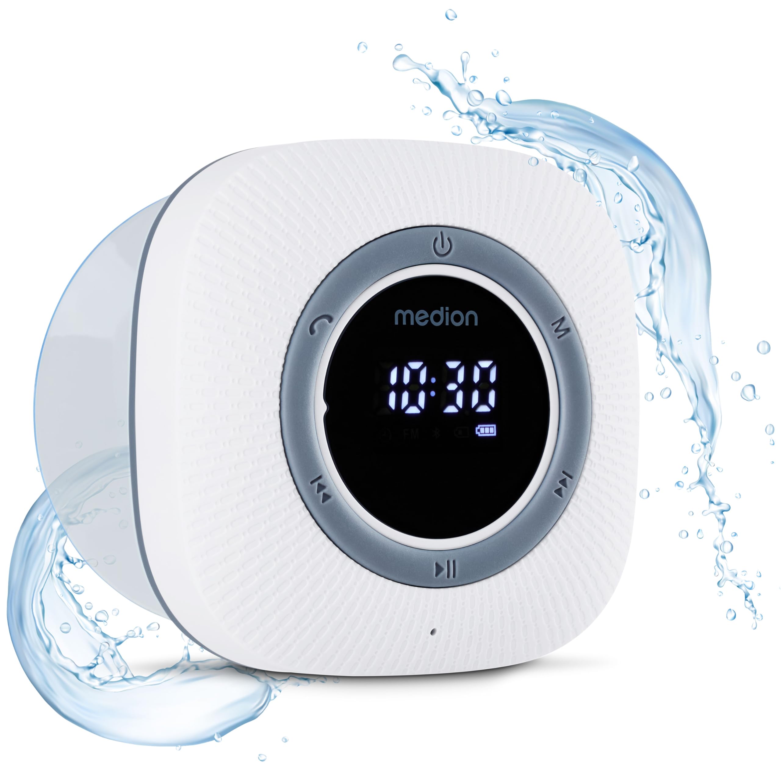 MEDION S66884 Radio de Douche avec Bluetooth (Radio de Salle de Bain, Radio FM, Ventouse, écran LED, IPX6 étanche, Batterie intégrée, MD43884) Blanc
