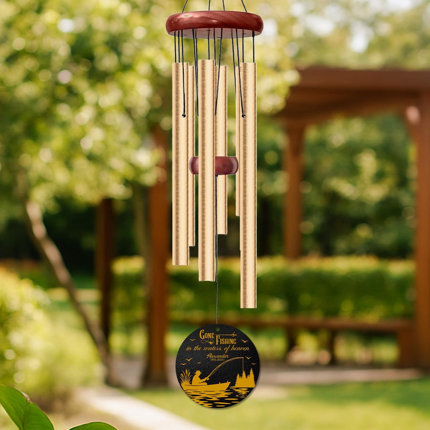 Personalized Gone Fishing Memorial Wind Chime – “Gone Fishing in Heaven’s Waters” Custom Name & Dates – Outdoor Sympathy Gift for Men, Dad, or Grandpa – Fisherman Remembrance Windchime Garden Décor