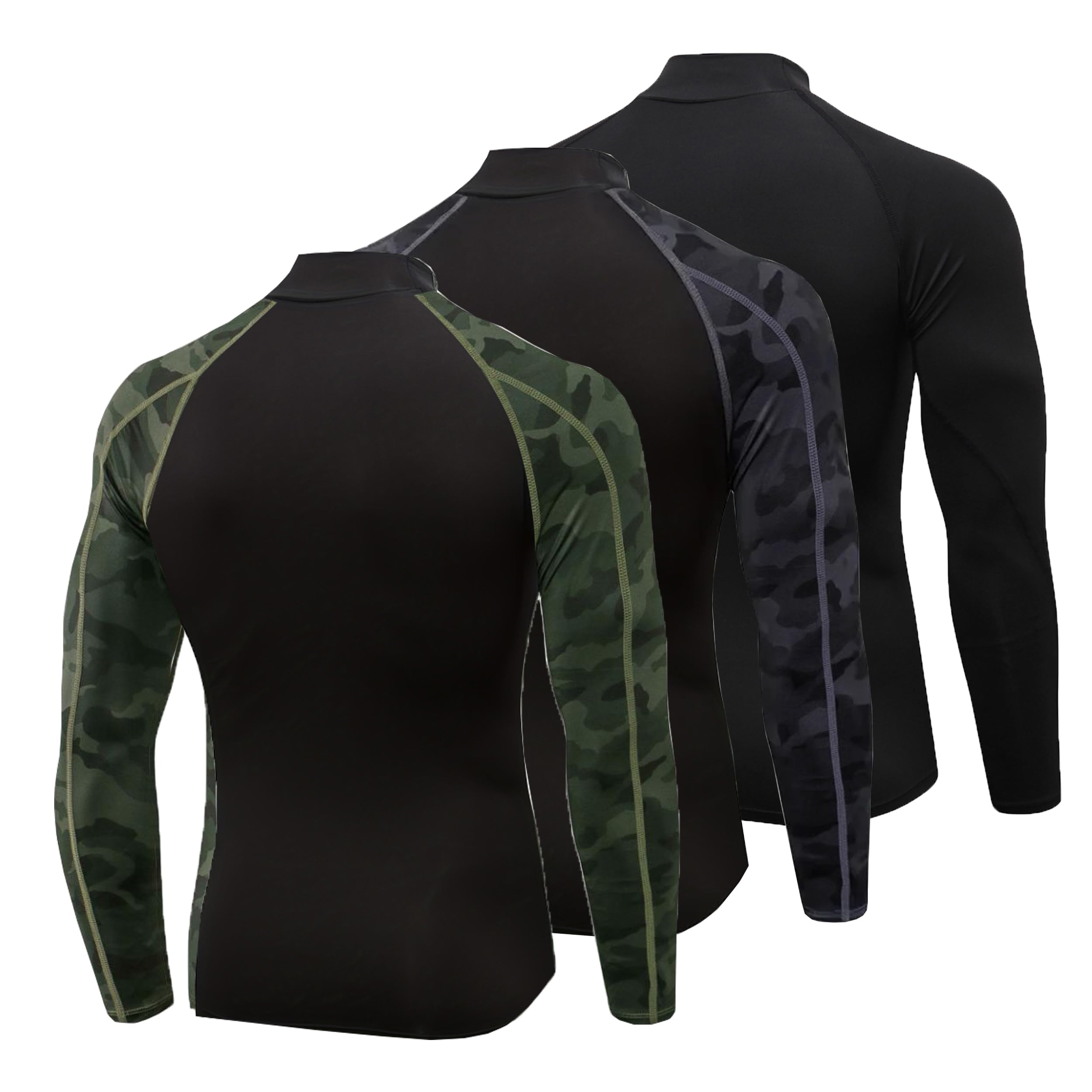 YUSHOW Lot de 3 hauts de compression à manches longues pour homme - Haut de course à pied à col roulé à séchage rapide - Pour gym, sport, fitness, entraînement, cyclisme, football