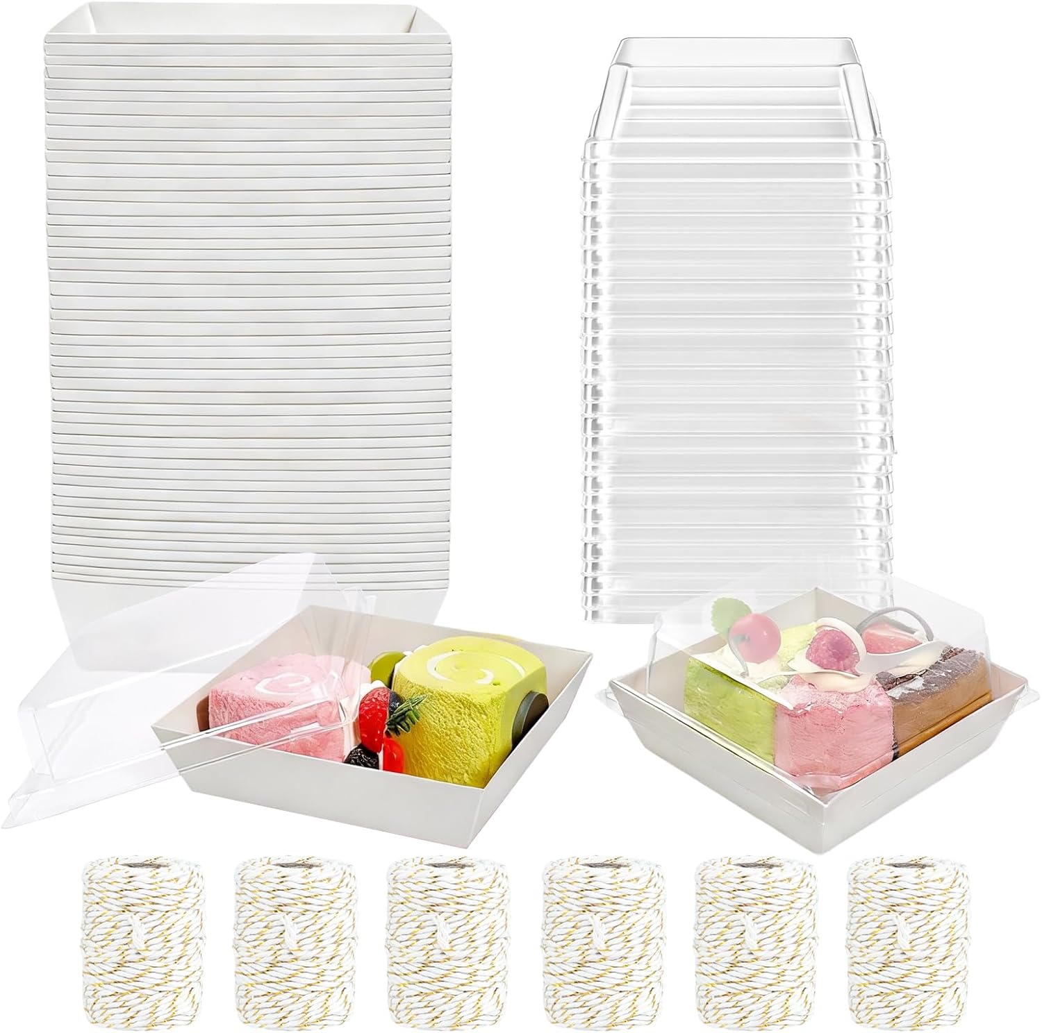 200 Pack Charcuterie Boxes with Clear Lids and Rope for 4 Inches Cake Boxes Disposable Square Dessert Food Containers for Bakery Cookies Strawberries Fruits Display (Brown)