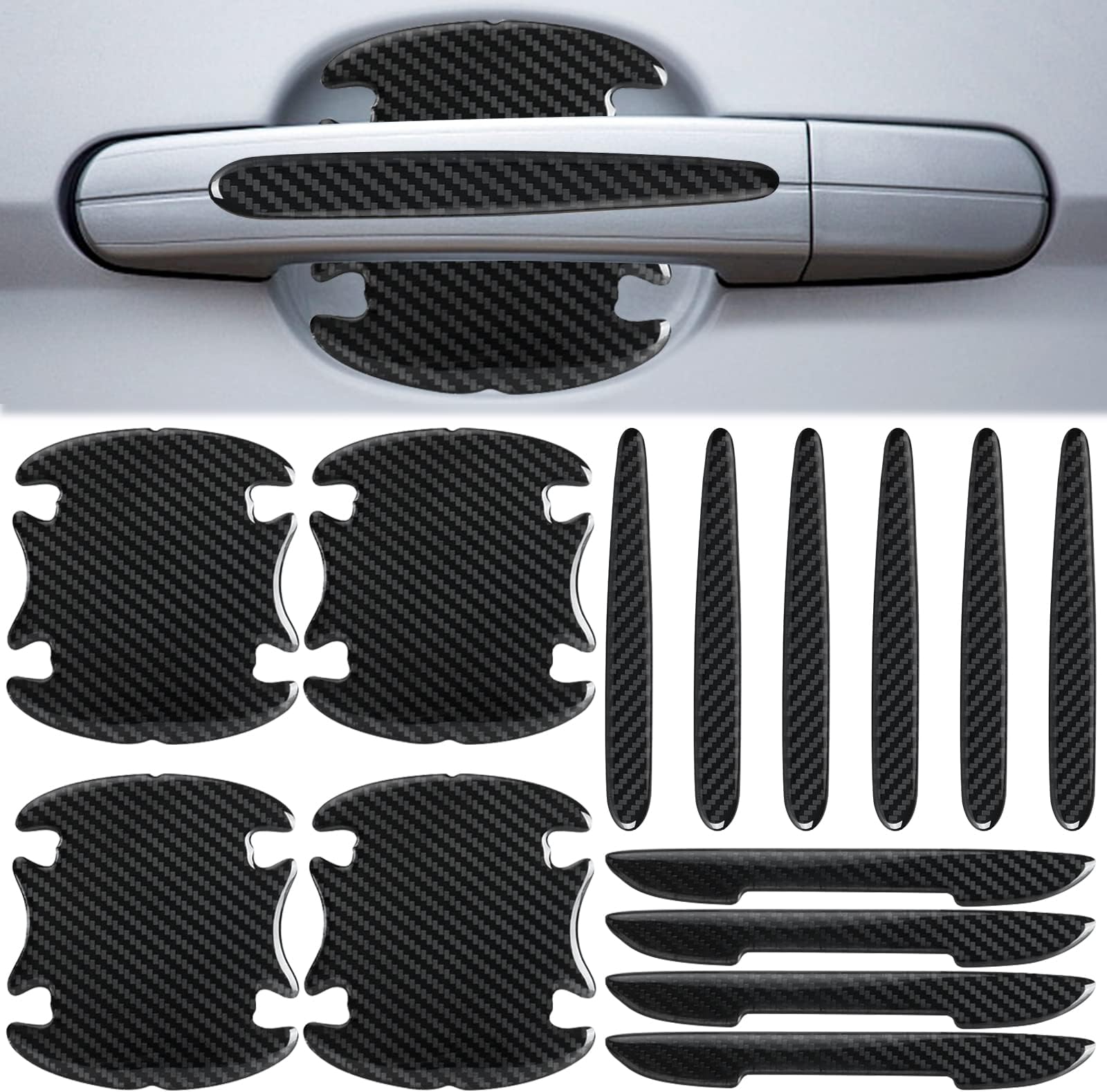 14Pcs Car Door Handle Cup Scratch Protector, Carbon Fiber Car Door Handle Sticker Scratches Protective Films, Self-Adhesive Car Door Bowl/Door Side Paint Protection Stickers Fit All Car Models (Black)