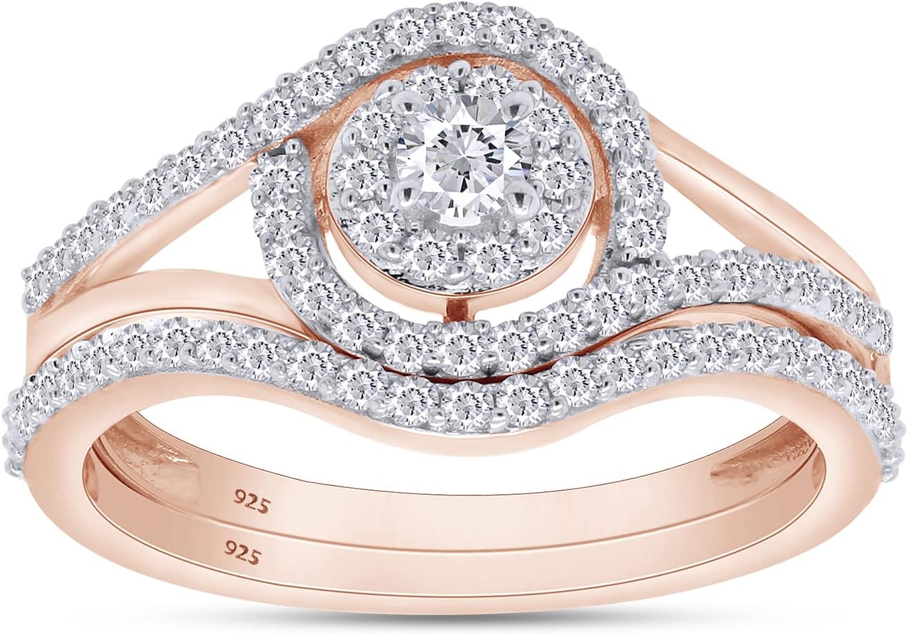 SAVEARTH DIAMONDS Round Cut Diamond Moissanite Lab Created Double Halo Split Shank Swirl Engagement Wedding Ring Set Bridal Jewelry for Women in 18k Gold Plated 925 Sterling Silver 0.60 Cttw, G-H/VVS1