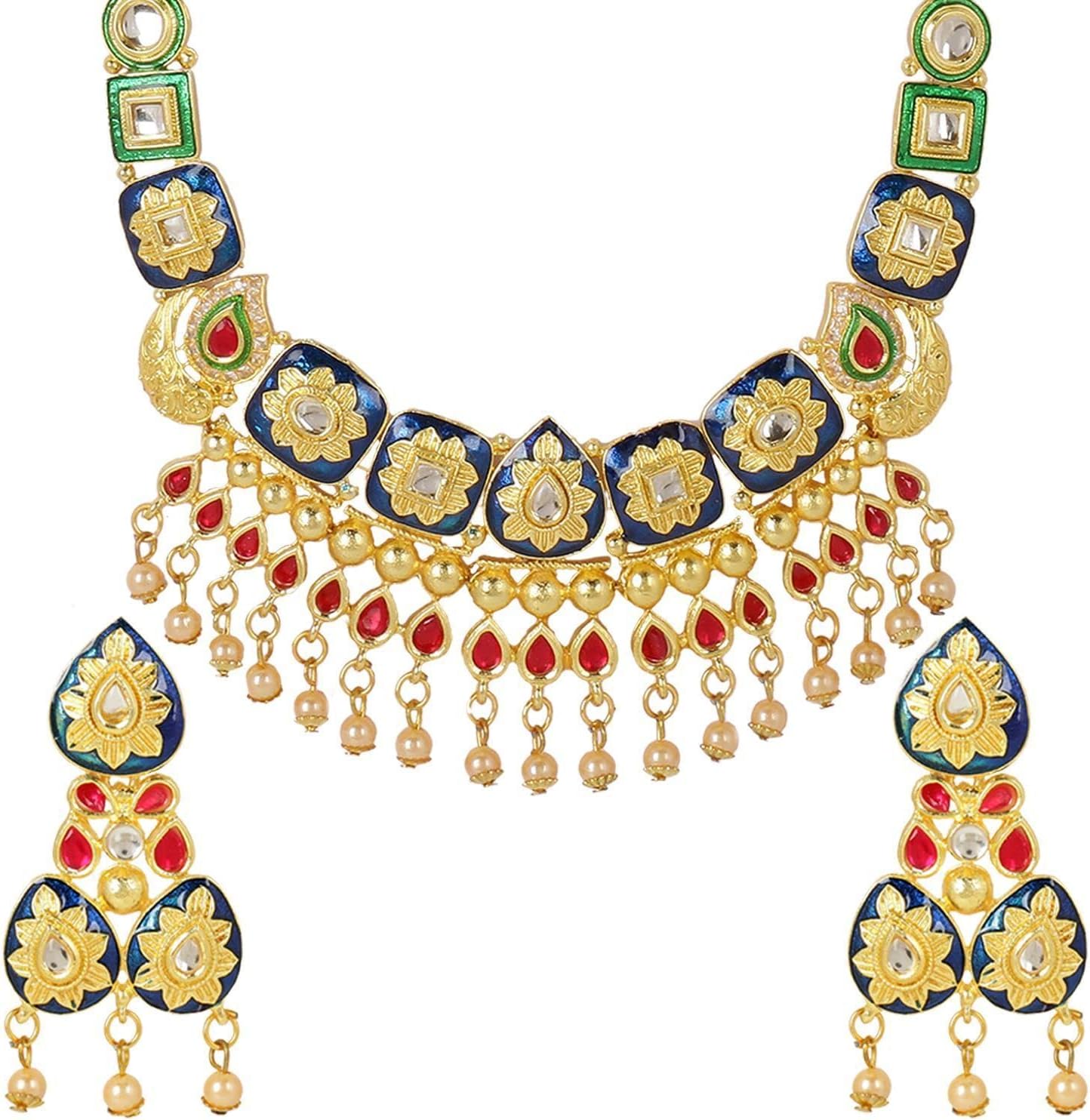 Efulgenz Meenakari Choker Set Bollywood Indian Jewelry Set Antique Choker Crystal Faux Pearl Tassel Necklace Dangle Earrings Jewelry Set for Women - Image 7