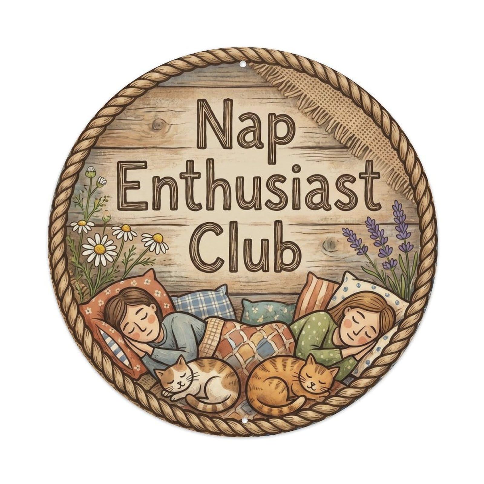 Olhnbad Style Nap Enthusiast Club Moon Cat Farmhouse Quote Metal Tin Sign