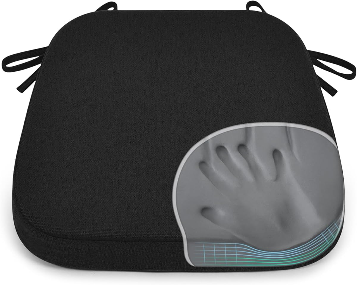 Shinnwa Dining Chair Pads, Patented Design Memory Foam Kitchen Chair Cushions with Ties and Washable Cover, 17" x 16" x 2", Black