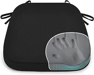 Shinnwa Dining Chair Pads, Patented Design Memory Foam Kitchen Chair Cushions with Ties and Washable Cover, 17" x 16" x 2", Black