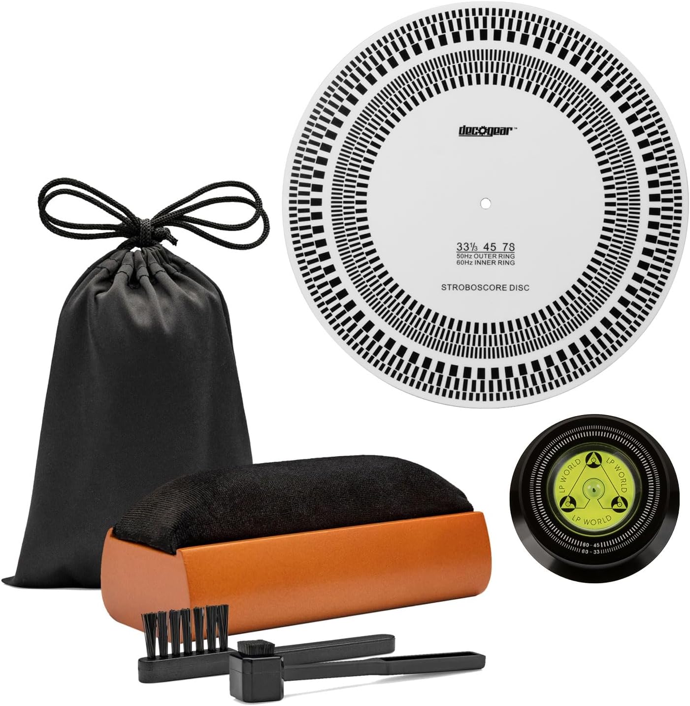 Deco Gear Premium Vinyl Care Bundle: All-in-One 6-Piece Cleaning Kit (Velvet Brush/2x Stylus Brushes), Stroboscope Speed Disc, and Record Weight Stabilizer w/Bubble Level – Ultimate Audio Protection