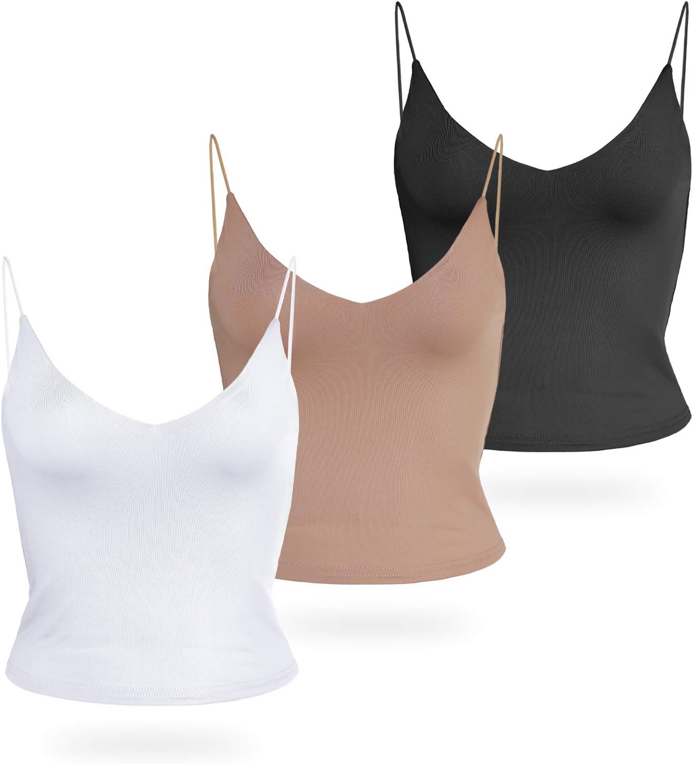 Amilia Women's Basic Solid Deep V Neck Cami Spaghetti Double Layer Crop Tank Tops Casual Shirts