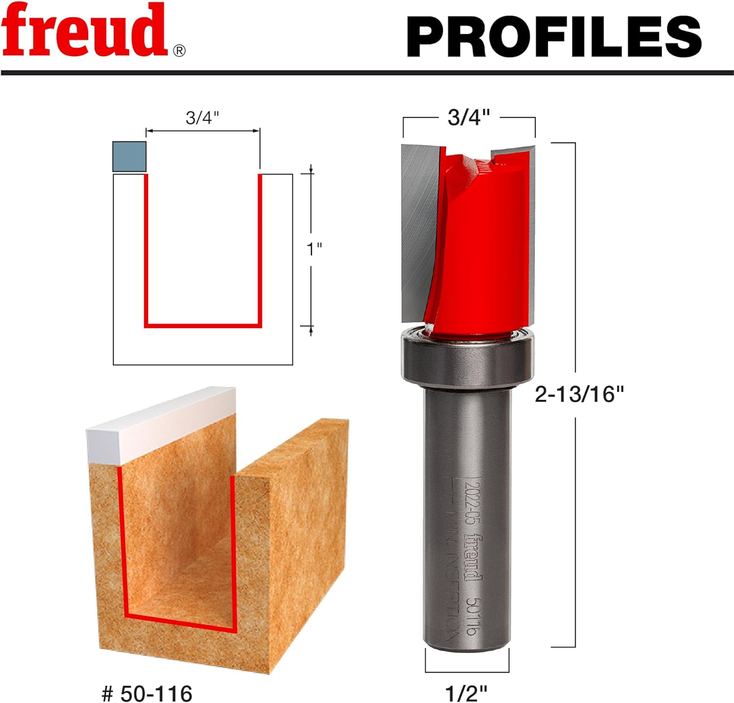 Freud Bearing Flush Trim Bit - Ideal for Trimming Laminates & Pattern Routing - 1/2" Diameter, 1/2" Shank, 3-1/4" Overall Length - 50-116
