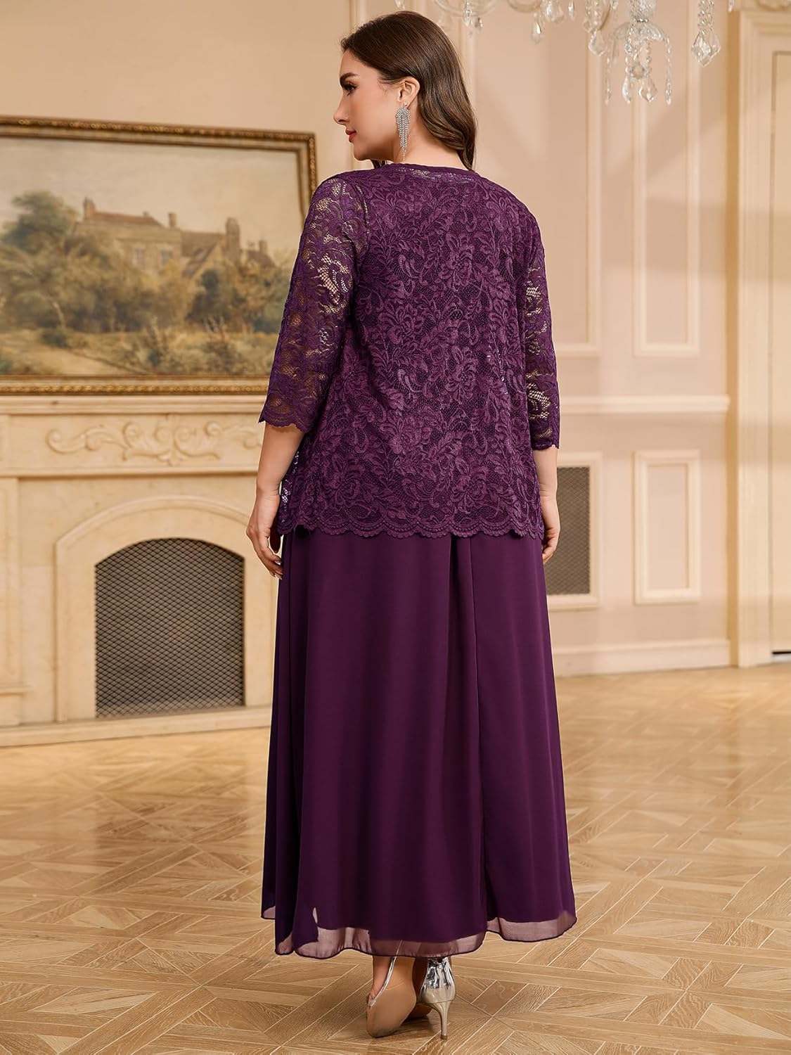 CYCLAMEN Plus Size 2 Piece Formal Dress Suit Mother of The Bride Dresses Sets with Lace Jacket Elegant Wedding Outfits