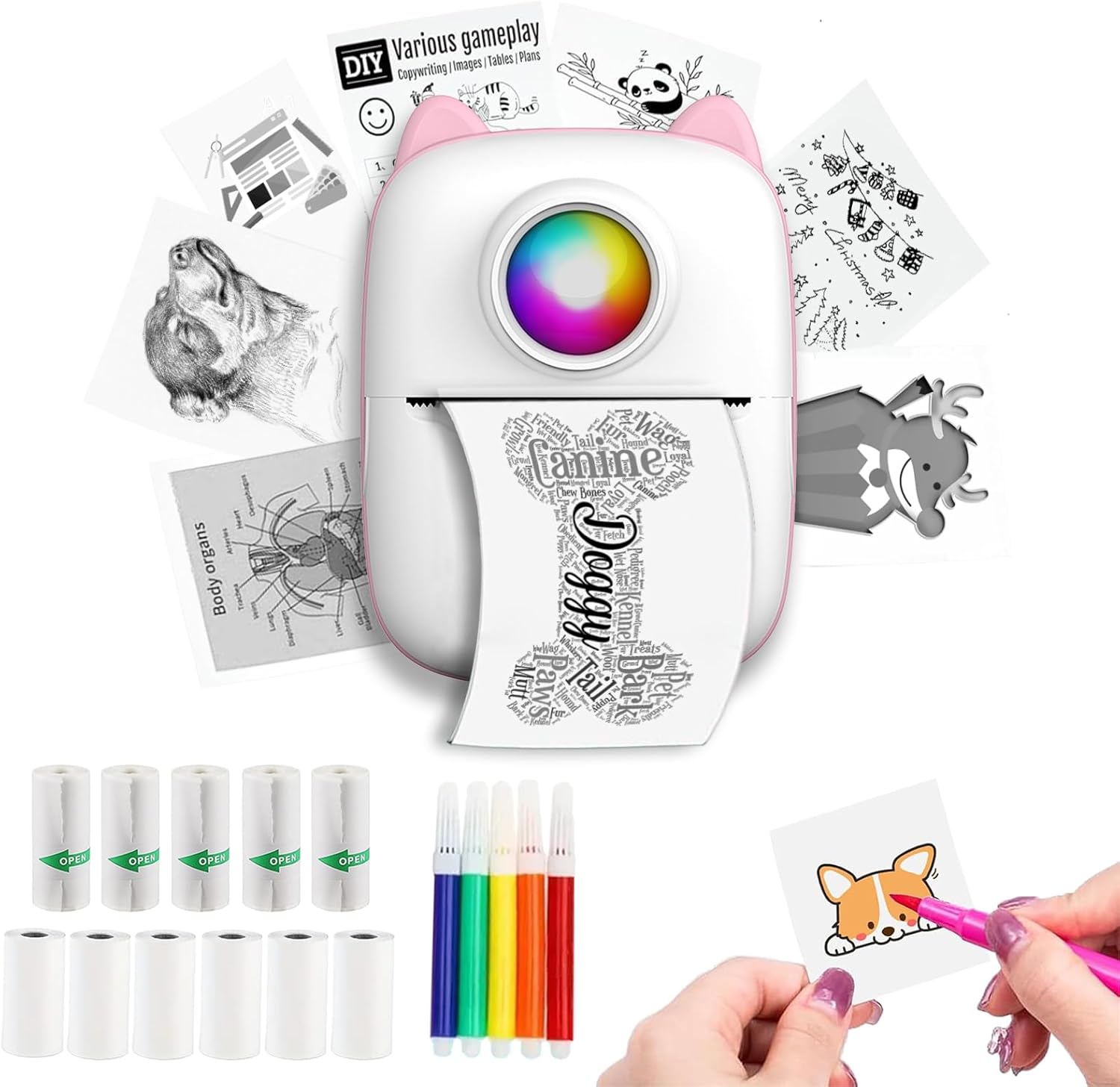 Mini Thermal Printer, Inkless Printer with 5 Rolls Pape, Bluetooth Smart Pocket Compatible with iOS & Android, Portable Thermal Printer for PicturesRetro-Style Photos(Pink)