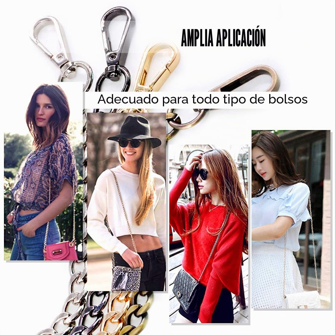 Swpeet Juego de 4 Correas de Cadena Plana de Repuesto de 47 Pulgadas con Hebillas, Bricolaje, Bolsa de Hombro de Metal, Bolsa de Mano, Bolsa de Mano de Repuesto (Oro + Plata + Bronce +