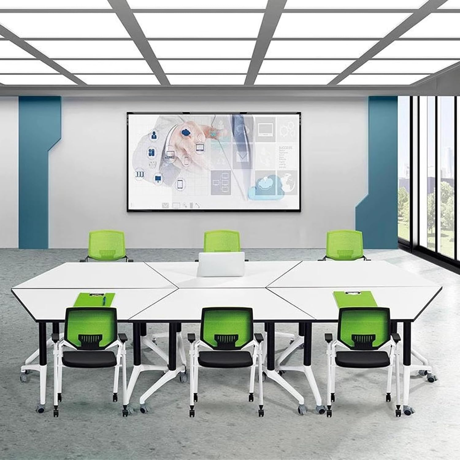 Spliceable Trapezoidal Conference Room Table, Flip-Top Folding Design Mobile and Versatile Seminar Table for Office, Workstations, Classrooms and Meeting Room