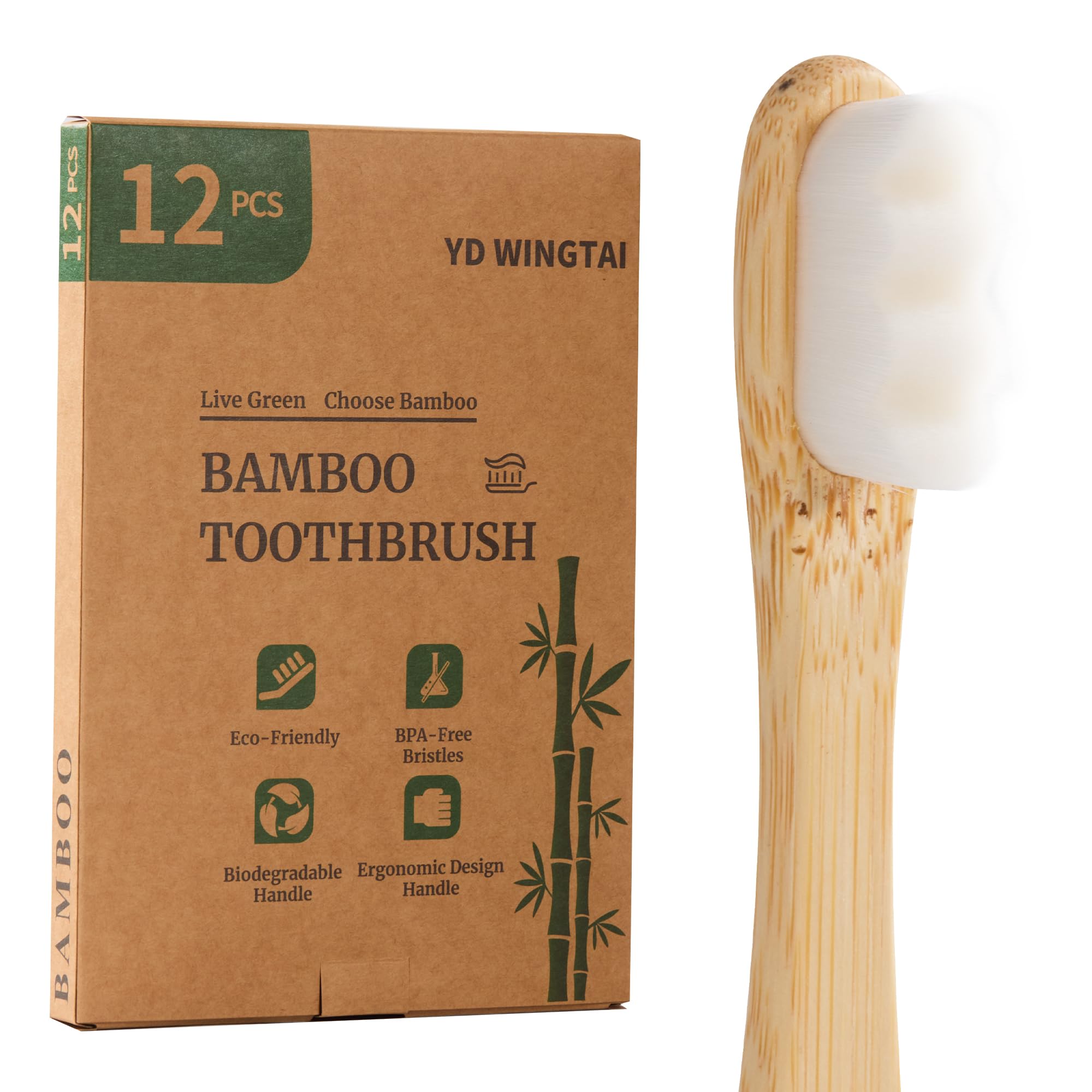 Cepillo de dientes de bambú con cerdas sin BPA, mango biodegradable, diseño ergonómico, paquete de 12 unidades, juego de cuidado bucal de madera natural para adultos
