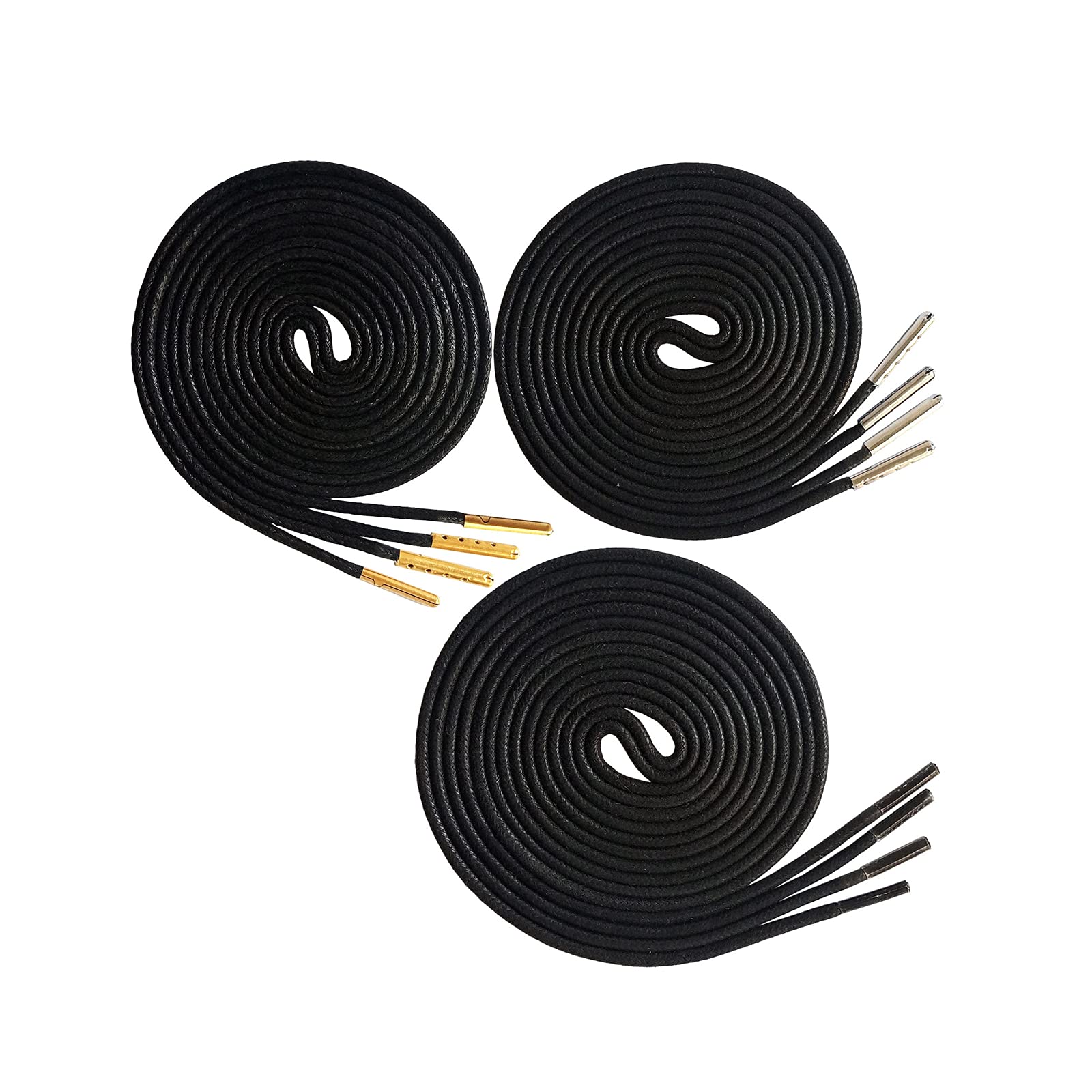 Flache Schnürsenkel, Elastische Schnürsenkel, gewachst, rund, 3er-Pack mit Gold-silbernen Metallspitzen, Mehrfarbig, 70–180 cm(Black,140)