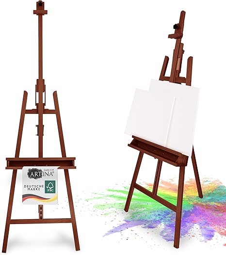 Artina Staffelei Holz Groß Barcelona – Malstaffelei für Keilrahmen bis 120cm – 225cm verstellbar FSC© Holzstaffelei zum malen klappbar Staffelei für Erwachsene, Malerei, Ausstellung Nussbaum Optik