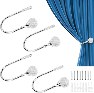 Shoze 4Pack Crystal Curtain Holdback Hook Metal Crystal Ball U-Form Wall Mounted Curtain Tie Backs Hooks Decorative Drapery Holdbacks for Window Curtains Shower Curtains Towels With Screws