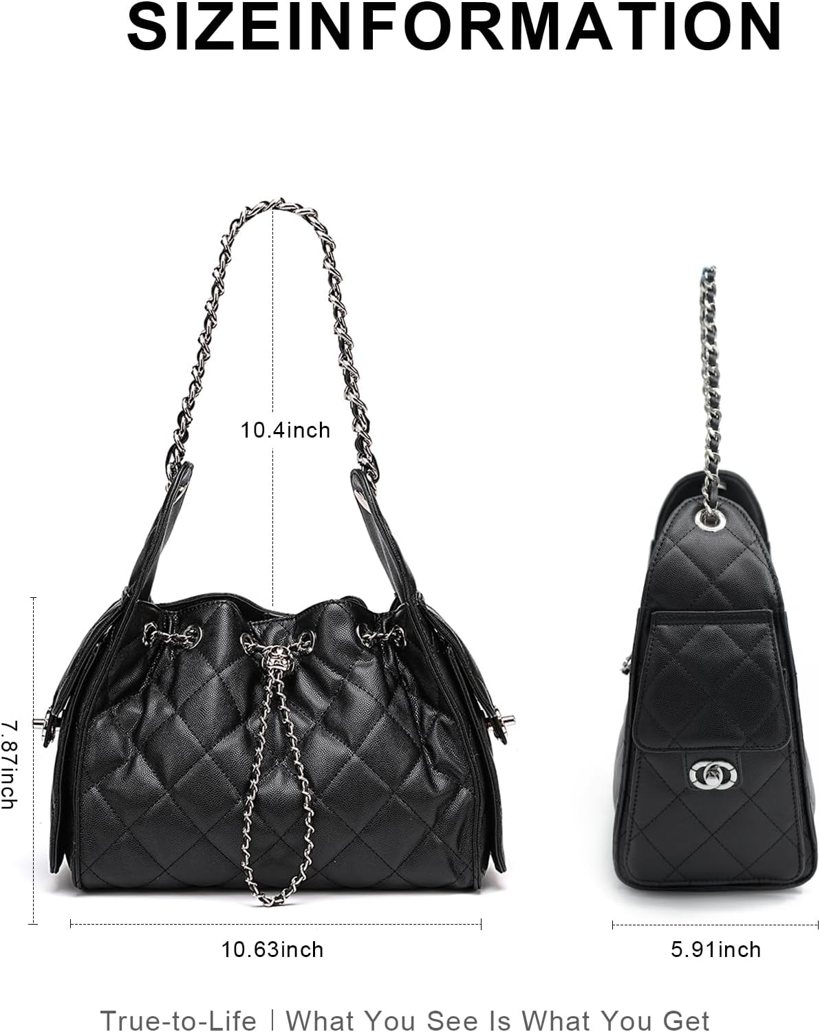Women’s Quilted Leather Hobo Bag with Chain Strap Drawstring Shoulder Purse Elegant Crossbody Handbag - Image 3