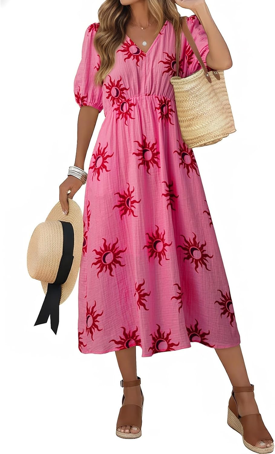 Dokotoo Women's Summer Short Sleeve V Neck Casual Boho Dresses Elastic High Waist Floral Flowy Maxi Dresses with Pockets