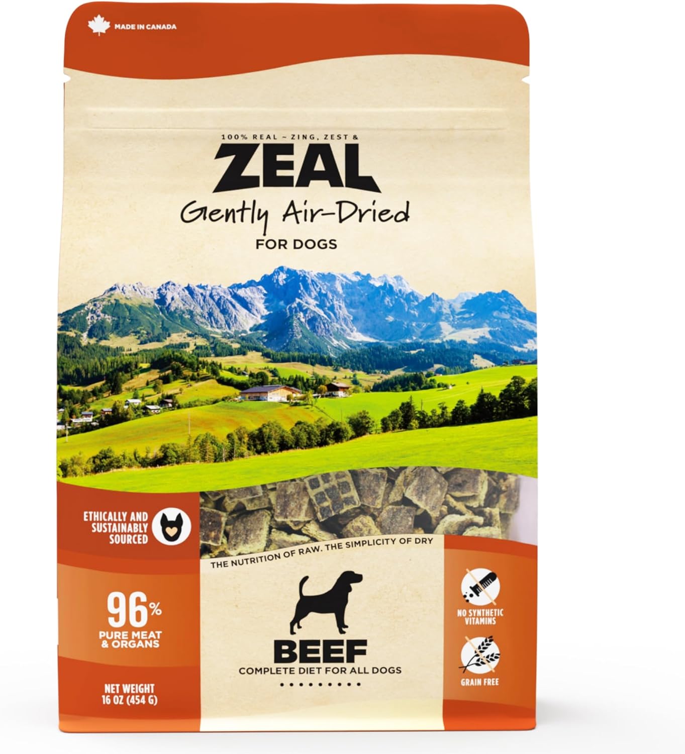 ZEAL Canada Dry Dog Food Pouch Air-Dried 96% Beef Formula Topper Dogs Treats Snacks with Natural Superfood Rich Protein Grain Free for Your Furry Friends, 1 lb/454 g