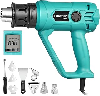 RHAEGON 1500W Digital LCD Display Heat Gun, Variable Temperature Control (122℉-1202℉) and Dual Air Flow Hot Air Gun with Protective Nozzle Guard, Overload Protection, Kit with 9 Accessories