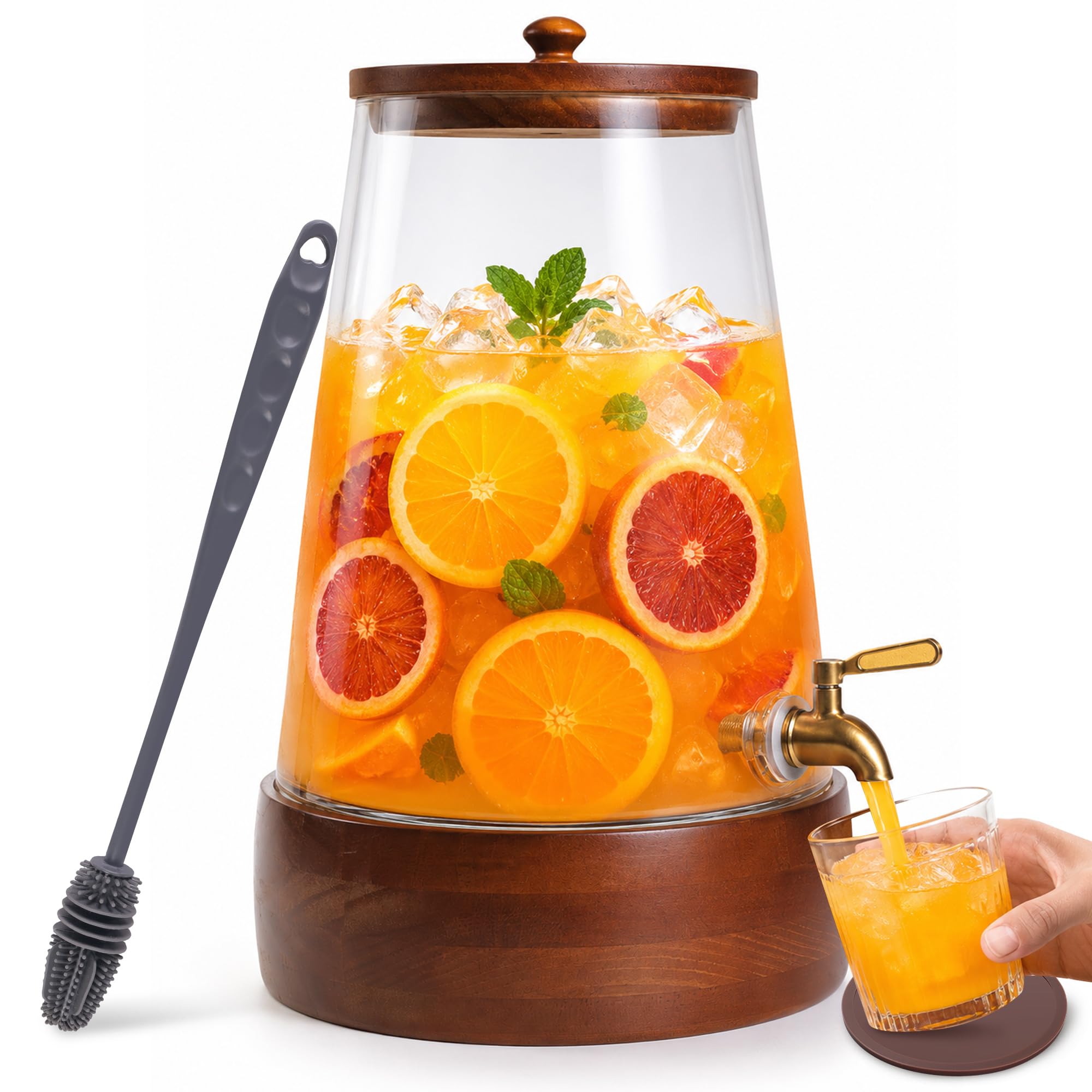 Szklany dozownik napojów z czopem, dozownik napojów na imprezy, stojak z drewna akacjowego, silikonowa mata ochronna i szczotka do czyszczenia, serwer do lemoniady, soku, mrożonej herbaty, sangrii