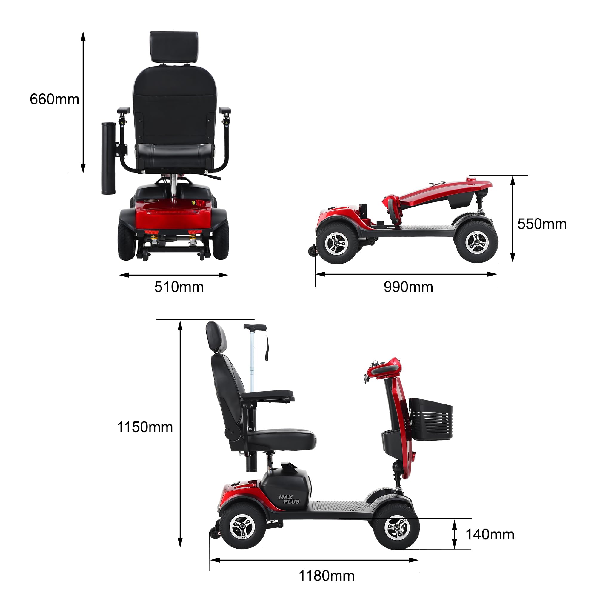 Scooter eléctrico plegable para personas mayores y mayores, parabrisas + asiento giratorio de 360°, motor de 300 W, alcance de 25 km, 2 portavasos + USB (rojo)