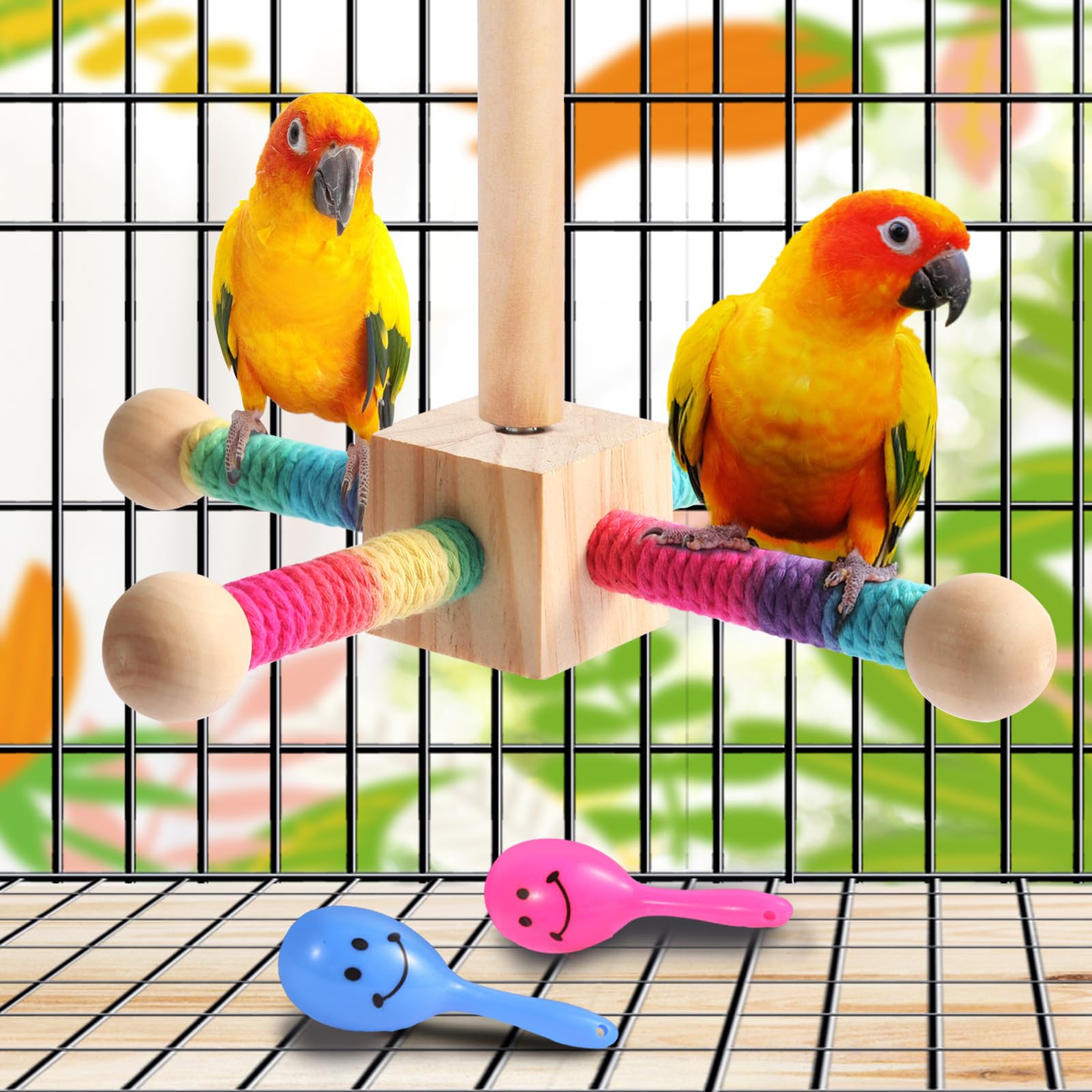 Kyouki Zabawka dla małych i średnich papug, zabawka dla małych i średnich papug, stojak spinningowy 360° dla Conures, Cockatiels, gołąbków, kwakrów, kolorowa zabawka spinningowa z liny sizalowej
