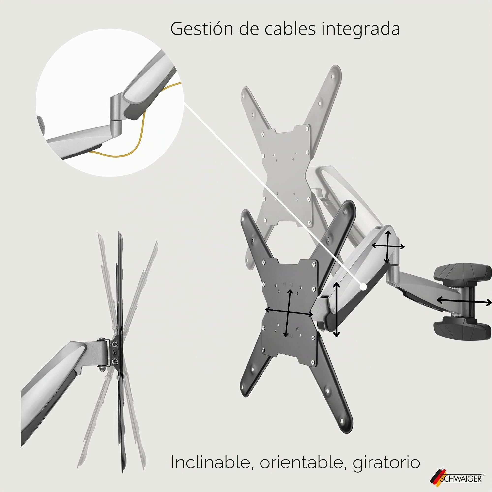 SCHWAIGER 9444 Soporte de Pared para TV 23-55 Pulgadas Soporte para TV inclinable, Giratorio máx. 30 kg máx. VESA estándar 400x400 Negro Incl. Accesorios de Montaje