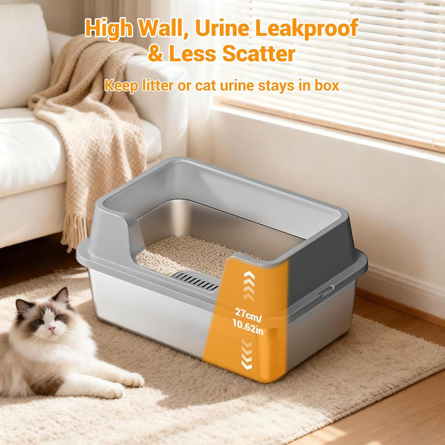 Enclosed Stainless Steel Cat Litter Box with Lid Extra Large Litter Box for Big Cats XL Metal Litter Pan Tray with High Wall Sides Enclosure, Non-Sticky, Anti-Leakage, Easy Cleaning