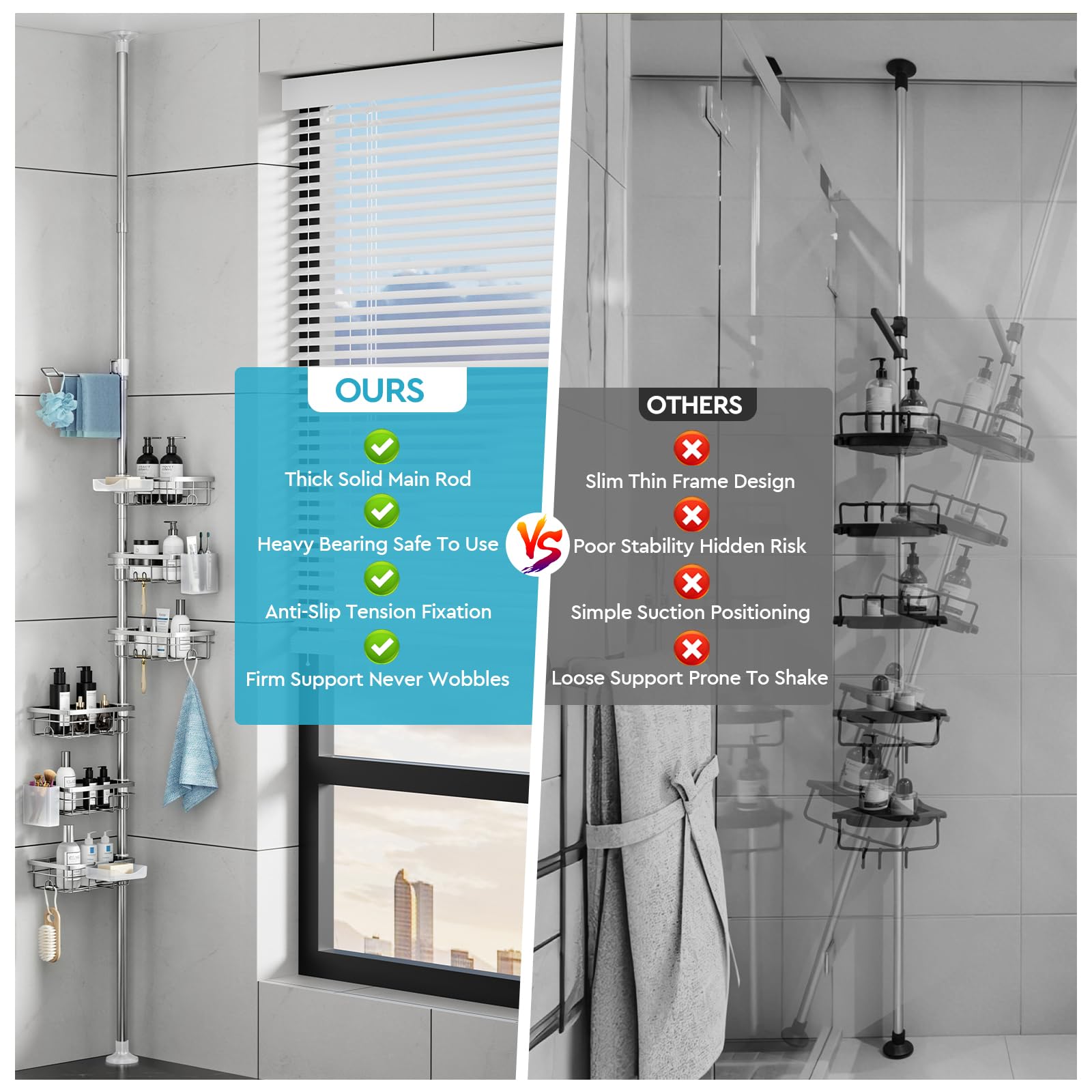 EXLECO Estantería telescópica para ducha con 7 estantes, sin agujeros, 78 – 308 cm, resistente a la oxidación, estantería de baño, estantería esquinera, organizador con barra para toallas, soporte