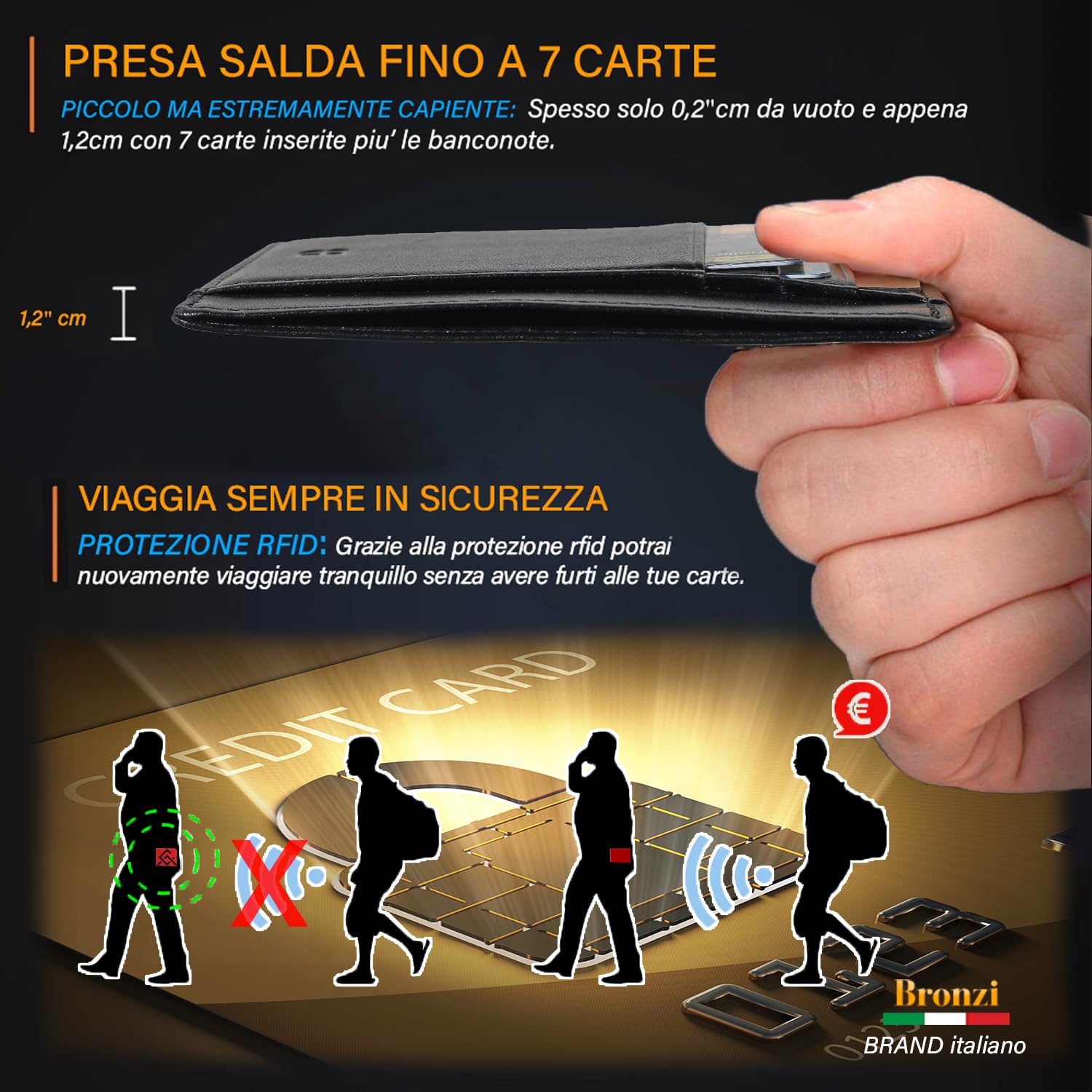Bronzi® Portafoglio Uomo Slim | Pelle Alta Qualità Mini Nero| Piccolo Sottile Elegante | Portacarte Uomo Donna Portatessere Porta Carte Di Credito| Design Italiano Box Regalo