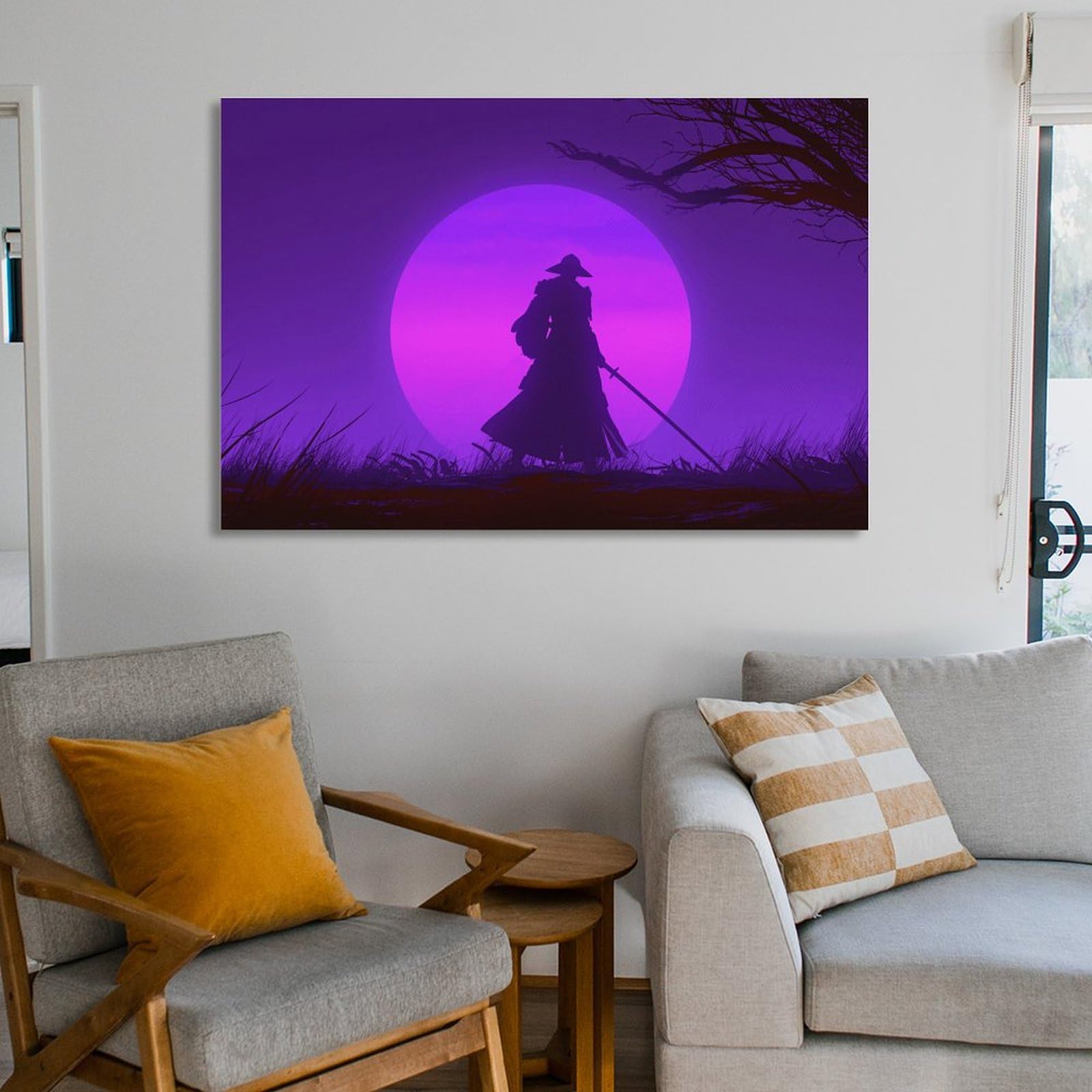 Purple Neon Cool Synthwave Minimalist Japanese Samurai Poster