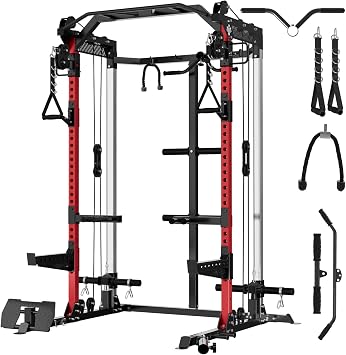 Power Cage Power Rack with Lat Pull Bar Cable Pull Station with J Hooks Landmine Band Peg Battle Rope Rope Squat Rack with 680 kg Maximum Load for the Home Gym