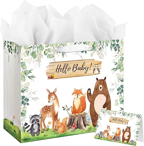 Miniatura 7 de Laidans Bolsa de regalo grande de 13 pulgadas para baby shower o cumpleaños con asa, papel de seda y tarjeta de felicitación (diseño de animales del