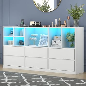6 Drawers Dresser with 7 Storage Cubbies, LED Chest of Drawers with Power Outlet, 63" Triple Wide Long Dresser Organizer for Bedroom, Modern TV Stand with Open Shelf for Living Room, Entryway White