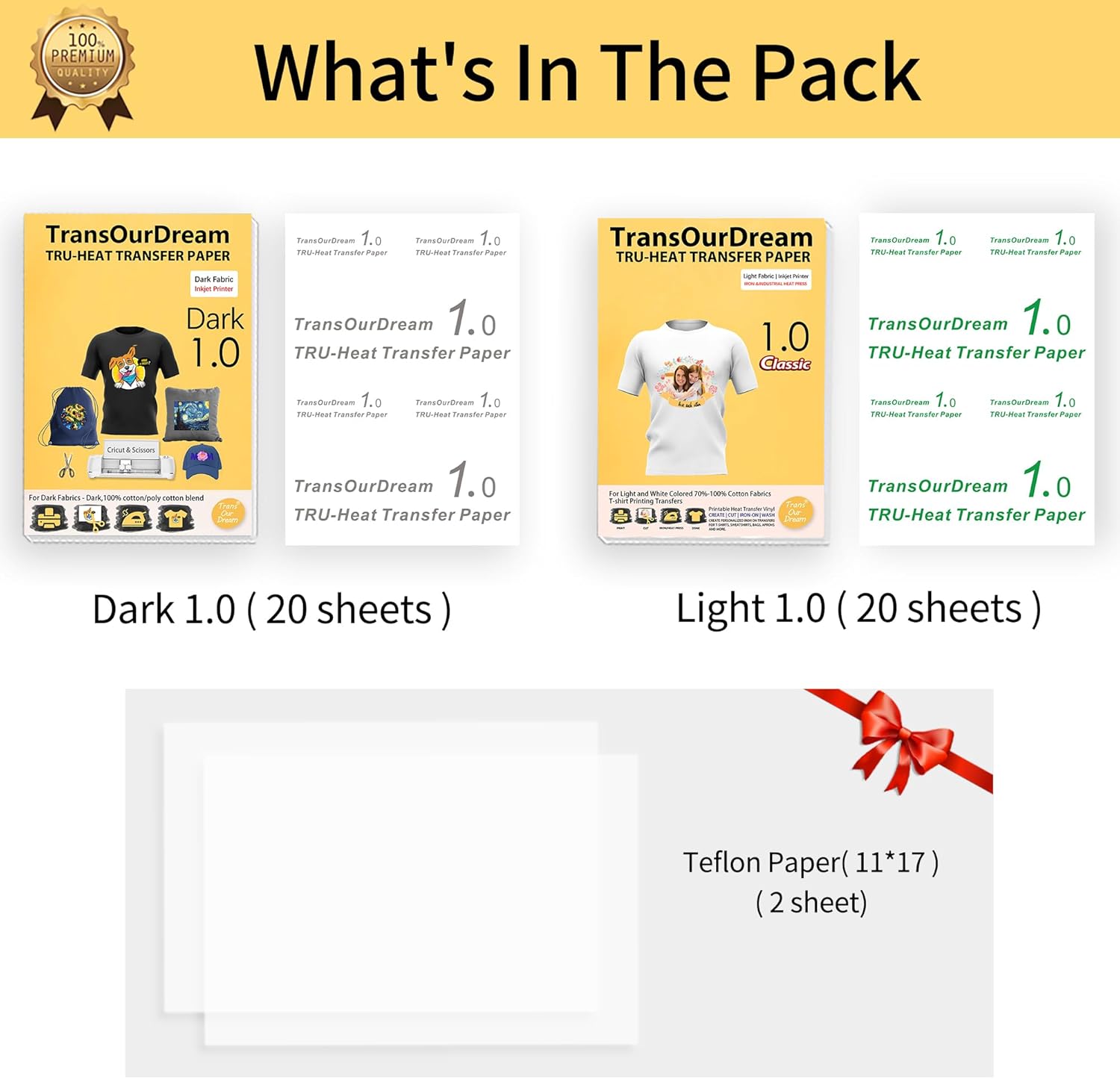 TransOurDream Tru-Heat Transfer Paper for Dark and Light Fabric (20+20 Sheets, 8.5x11", Mix Pack) Printable HTV Heat Transfers Vinyl for Inkjet Printers Iron on Transfers for T Shirts