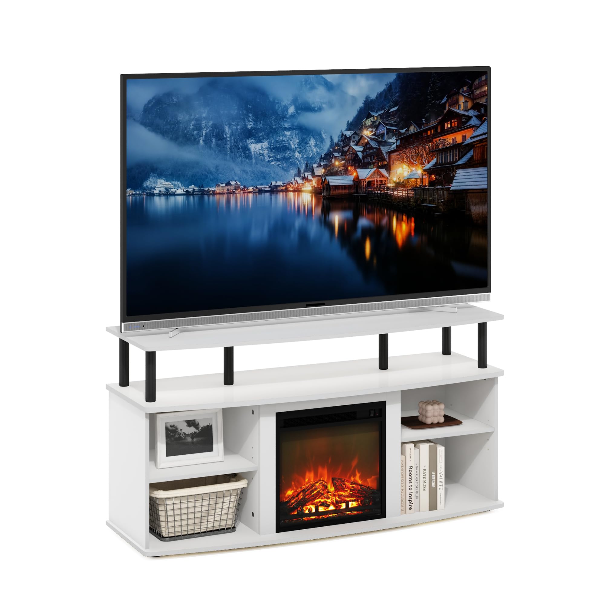 Furinno Jensen Fireplace TV Stand, Entertainment Center, TV Console for TV up to 55 Inch with Fireplace and Open Shelving Storage, for Living Room, Bedroom, Solid White