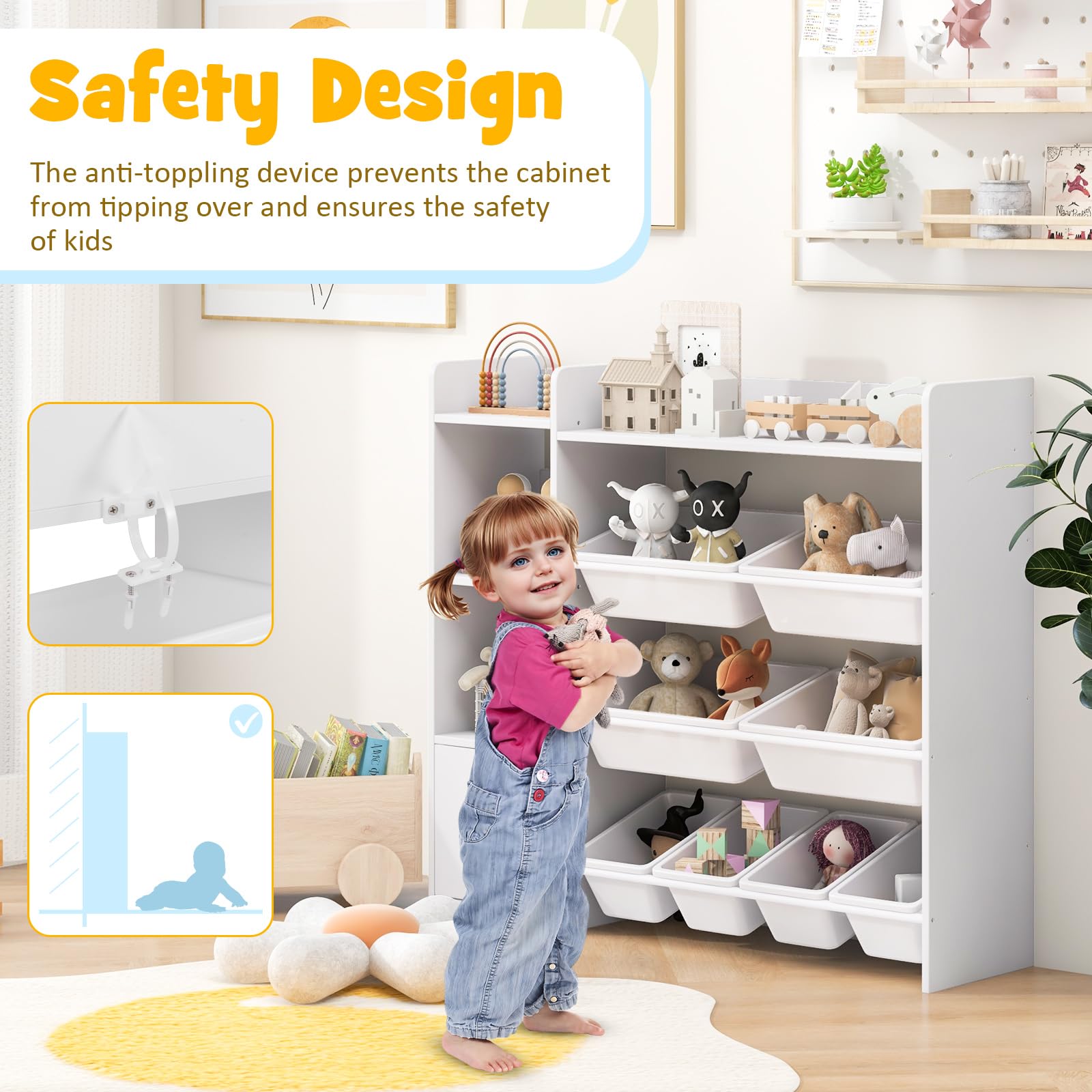 Costzon Organizer per giocattoli, libreria a 4 ripiani per bambini e giocattoli con 8 contenitori per giocattoli, grande armadio con porta, libreria multiuso per bambini per stanza dei giochi, asilo
