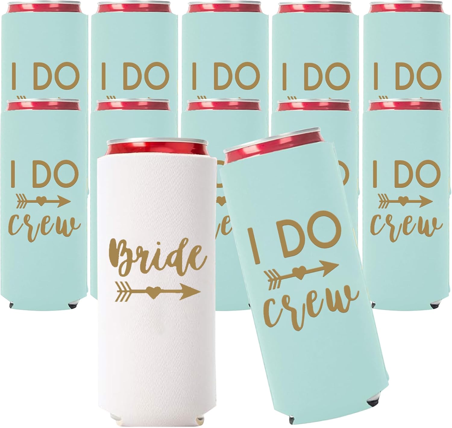 I Do Crew and Bride Bachelorette Party Can Coolers, Set of 12 Beer Can Coolies, Perfect Bachelorette Party Decorations and Bridesmaid Gifts (Mint Green, Slim)