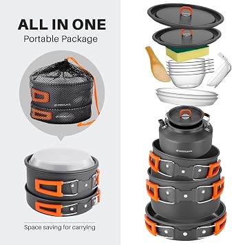 Odoland Camping Cookware Set Non-Stick Lightweight Camping Kettle Pots and Pans Mess Kit with Bowls Soup Spoon for Backpacking, Outdoor Cooking and Picnic for 4-6 People