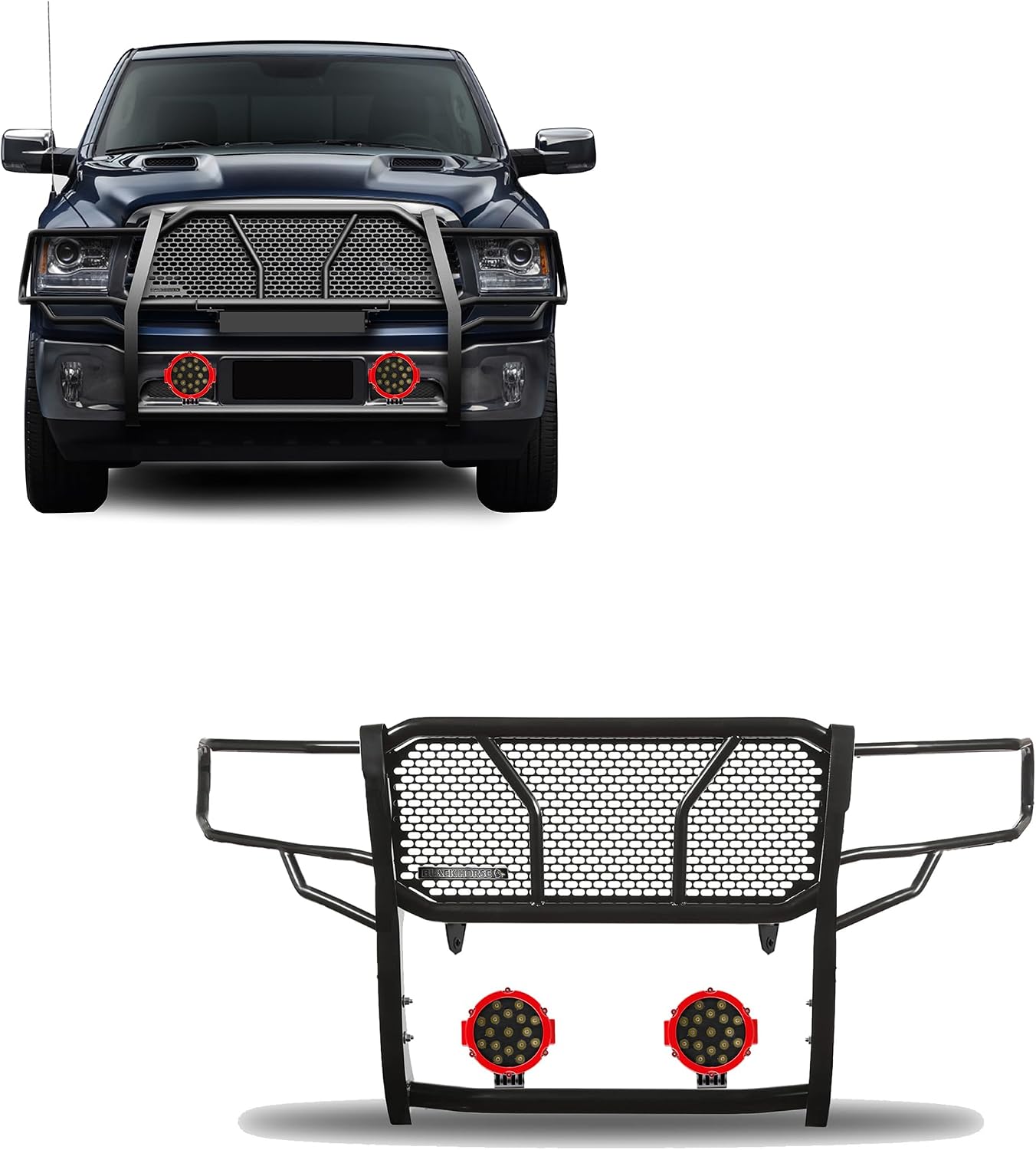 Black Horse RUGGED Heavy Duty Grille Brush Bumper Guard Modular Black Come With pair of 7.0"LED Lights with Red Trim Rings Compatible with 2019-2024 Ram 1500 Classic|2009-2018 Ram 1500-RU-DORA09-B-PLR