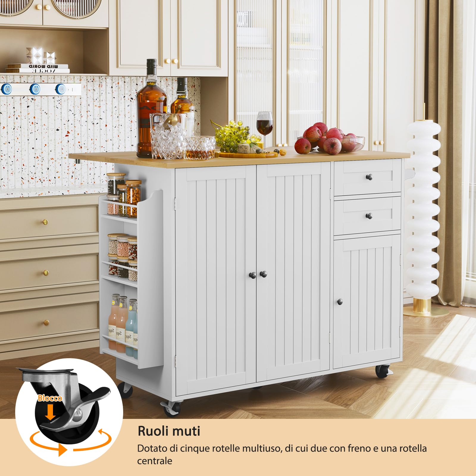 HOLTICO Isola da Cucina su Ruote con Piano in Legno di Gomma, Isola con Ripiani Regolabili, Cassetti e Portaspezie, Mobile Multifunzione, Bianco