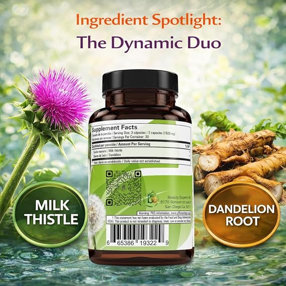 Cardo Mariano reforzado con diente Leon (Milk Thistle Reinforced w/Dandelion) 90 Vegetable Capsule 1500 mg per Serving, Root Liver Health Support, Antioxidant Support,100% Natural, Made by BexpertsUSA