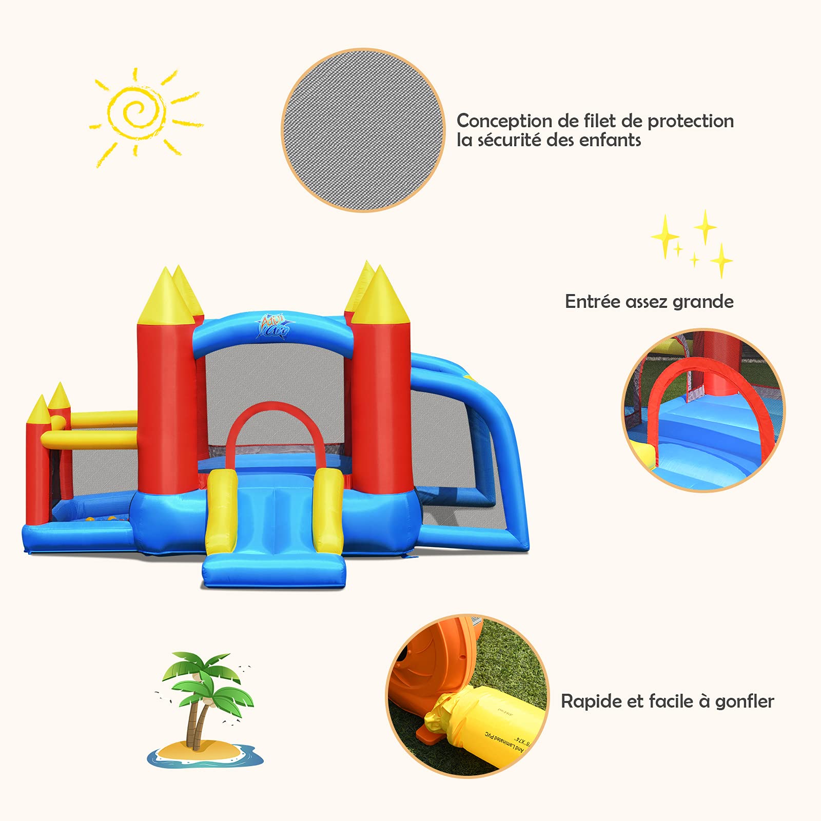 GOPLUS Castillo Hinchable con Soplador, Inchable Infantil Interior Exterior, Material Extra Rueso, Ninos Adecuado de 3 a 10 Años, con Toboganes, Zona de Salto de Pared de Escalada, 350 x 275 x 196cm