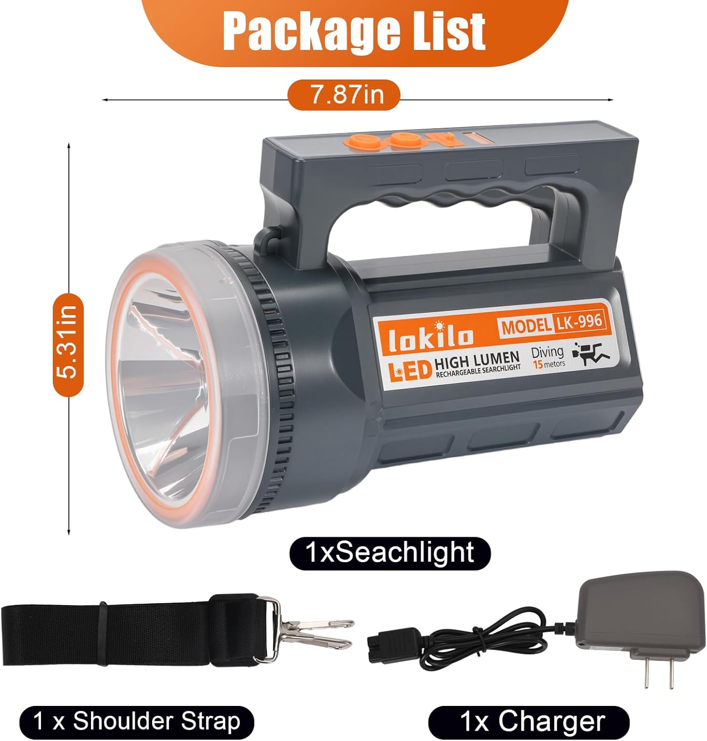 Rechargeable Diving Flashlight with Power Display, IP68 Waterproof and Submersible, Dual Switch 4 Modes Portable LED Searchlight for Camping, Night Dive, Indoor and Outdoor Use (LK-996White Light)