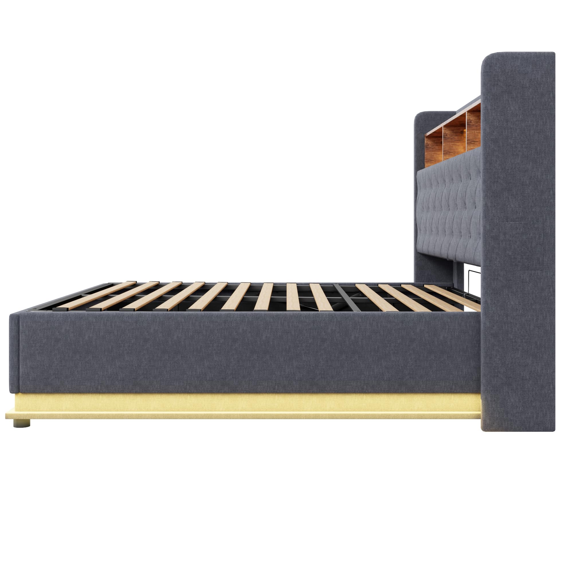 Kebnor - Letto imbottito con LED, letto imbottito con spazio di archiviazione e presa USB e spazio di archiviazione idraulico, tessuto di lino amichevole per la pelle (grigio, 180 x 200 cm)