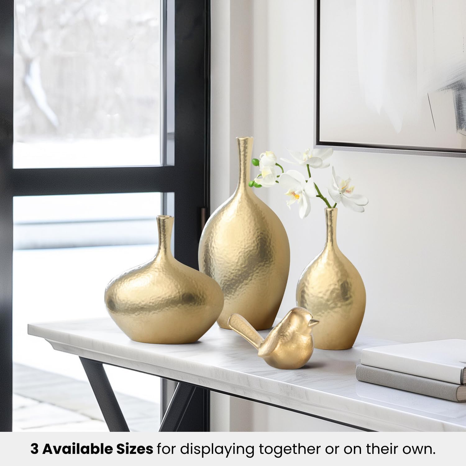 Torre & Tagus Lilo Dimpled Ceramic Gold Vase, 8"x 8.25" Ceramic Vase for Home Decor, Small Decorative Vase for Gold Decor, Flower Vase with Narrow Neck for Faux Floral & Stems (8"x4.25"x 8.25"H)