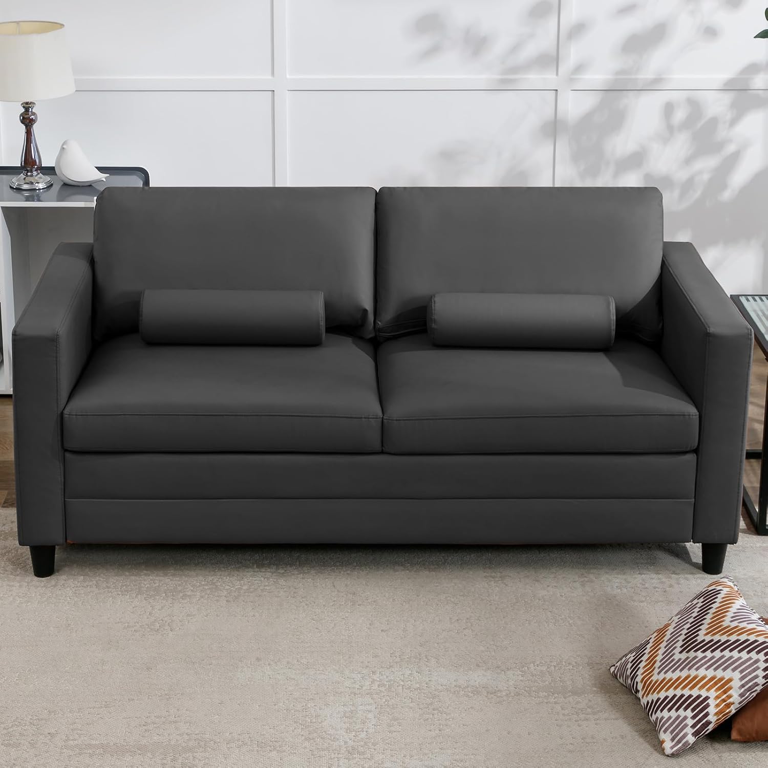 BALUS Full Size Pull Out Sofa Bed, 2-in-1 Convertible Sleeper Sofa Couch with Memory Foam Mattress, Modern Faux Leather Couch Bed with 2 Bolster Pillows for Living Room Office Apartment(Grey)
