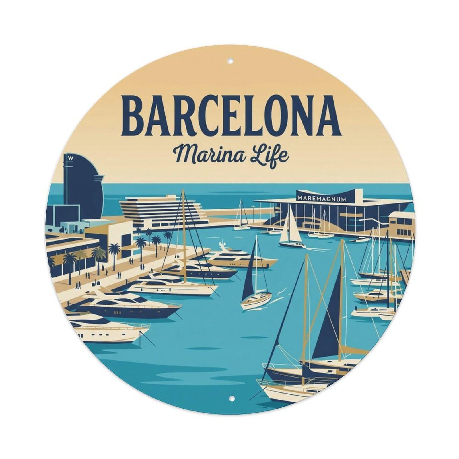 Vintage Travel Barcelona Marina Yacht Harbor Metal Tin Sign Plaque Wall Decor for Cafe, Club, Garden Round Metal Poster 8x8Inch